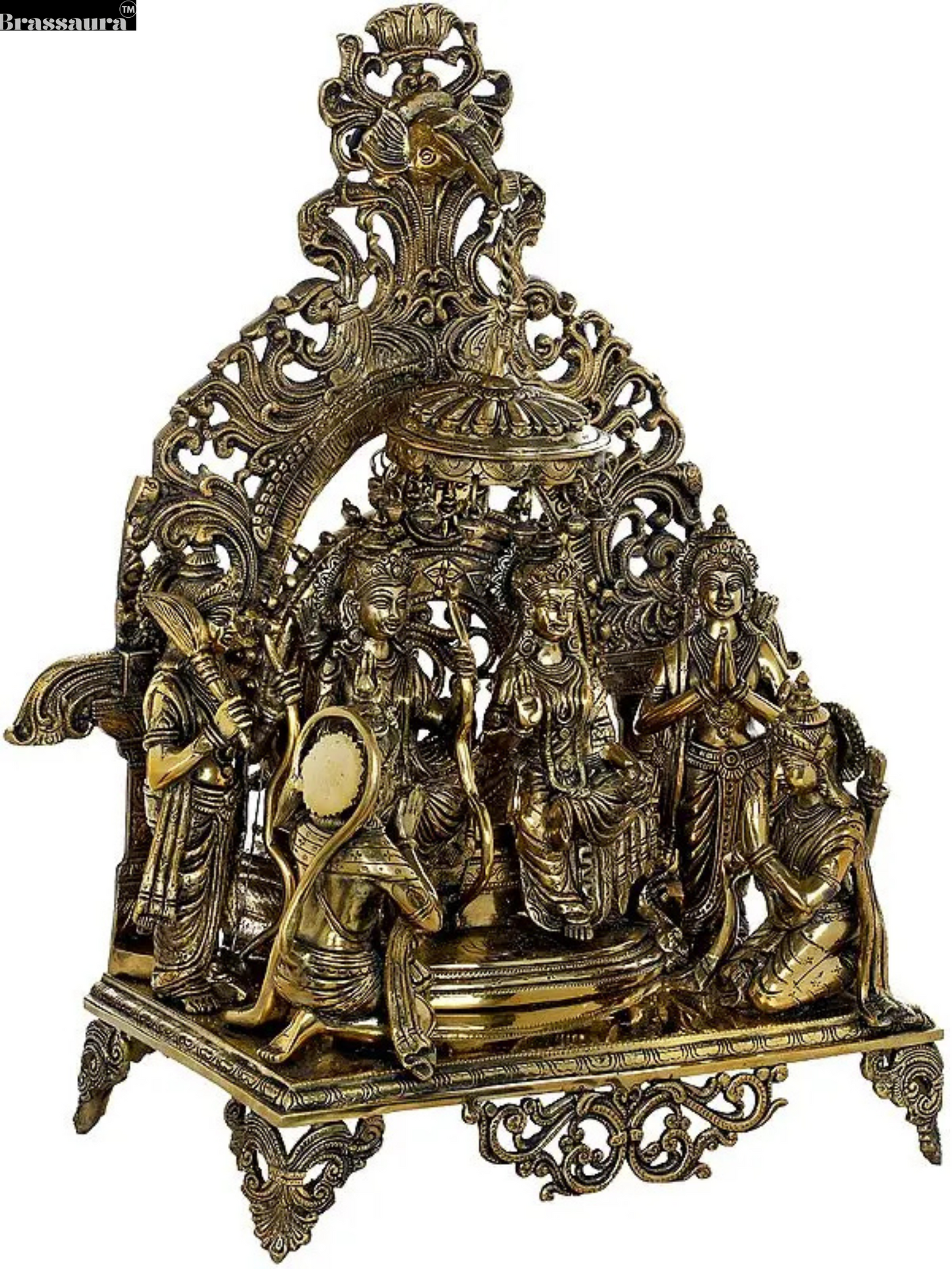 Brassaura™ Brass Ram Darbar Statue – Height [Confirm] | Weight 23.5 Kg | Exquisite Ensemble of Lord Ram, Sita, Lakshman & Hanuman
