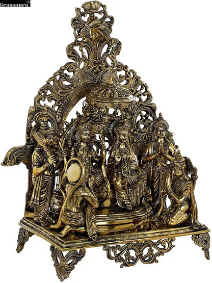 Brassaura™ Brass Ram Darbar Statue – Height [Confirm] | Weight 23.5 Kg | Exquisite Ensemble of Lord Ram, Sita, Lakshman & Hanuman