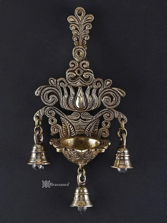 Brassaura™ Brass Lotus Design Wall Hanging Lamp with Bells – Height 10.43 inches | Weight 0.88 kgs