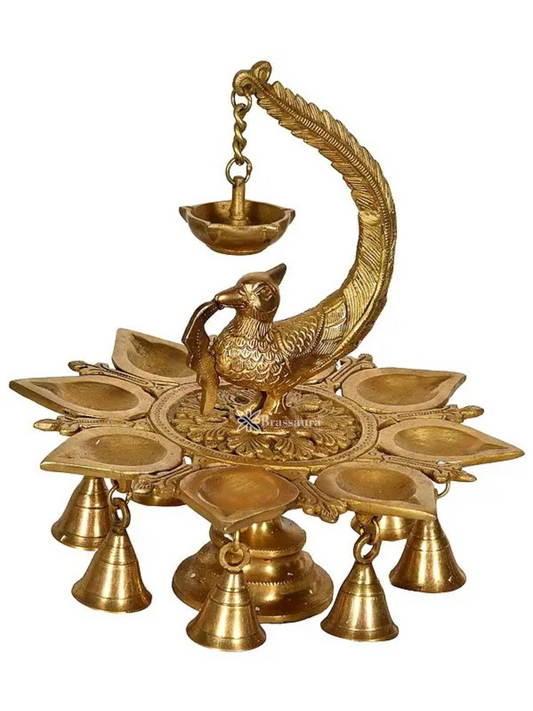 Brassaura™ Svarup Brass Peacock Decorative Multi Diya with Bell – Height 10 inches | Weight 2.9 kgs