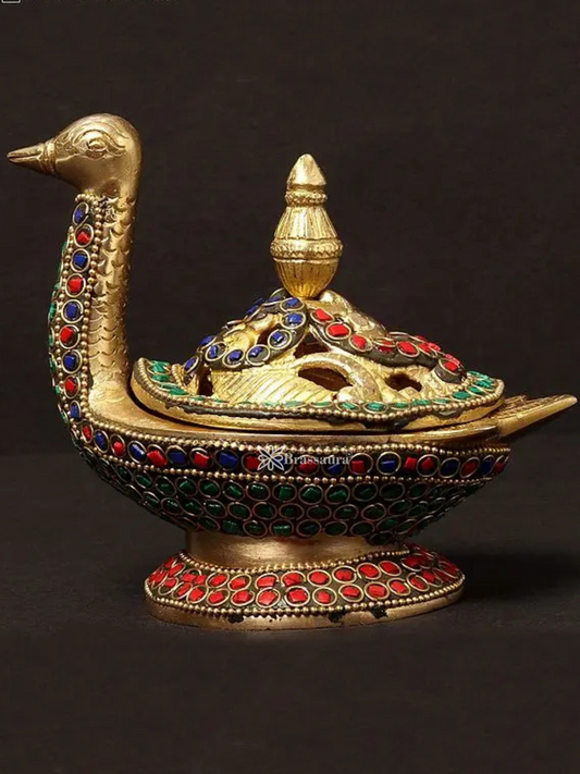Brassaura™ Peacock Brass Incense Burner with Inlay Work – Height 4.92 inches | Weight 1.07 kgs
