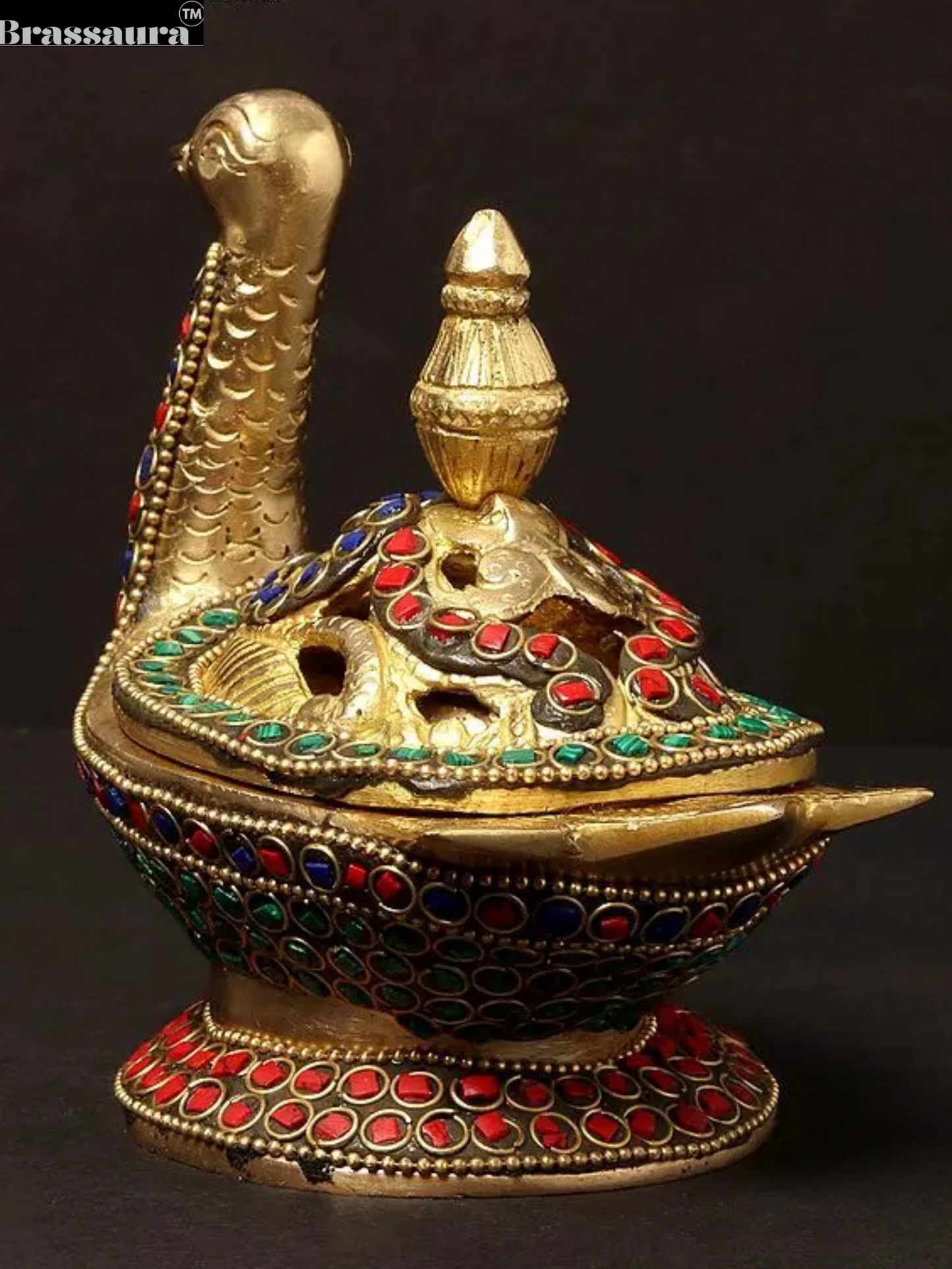 Brassaura™ Peacock Brass Incense Burner with Inlay Work – Height 4.92 inches | Weight 1.07 kgs