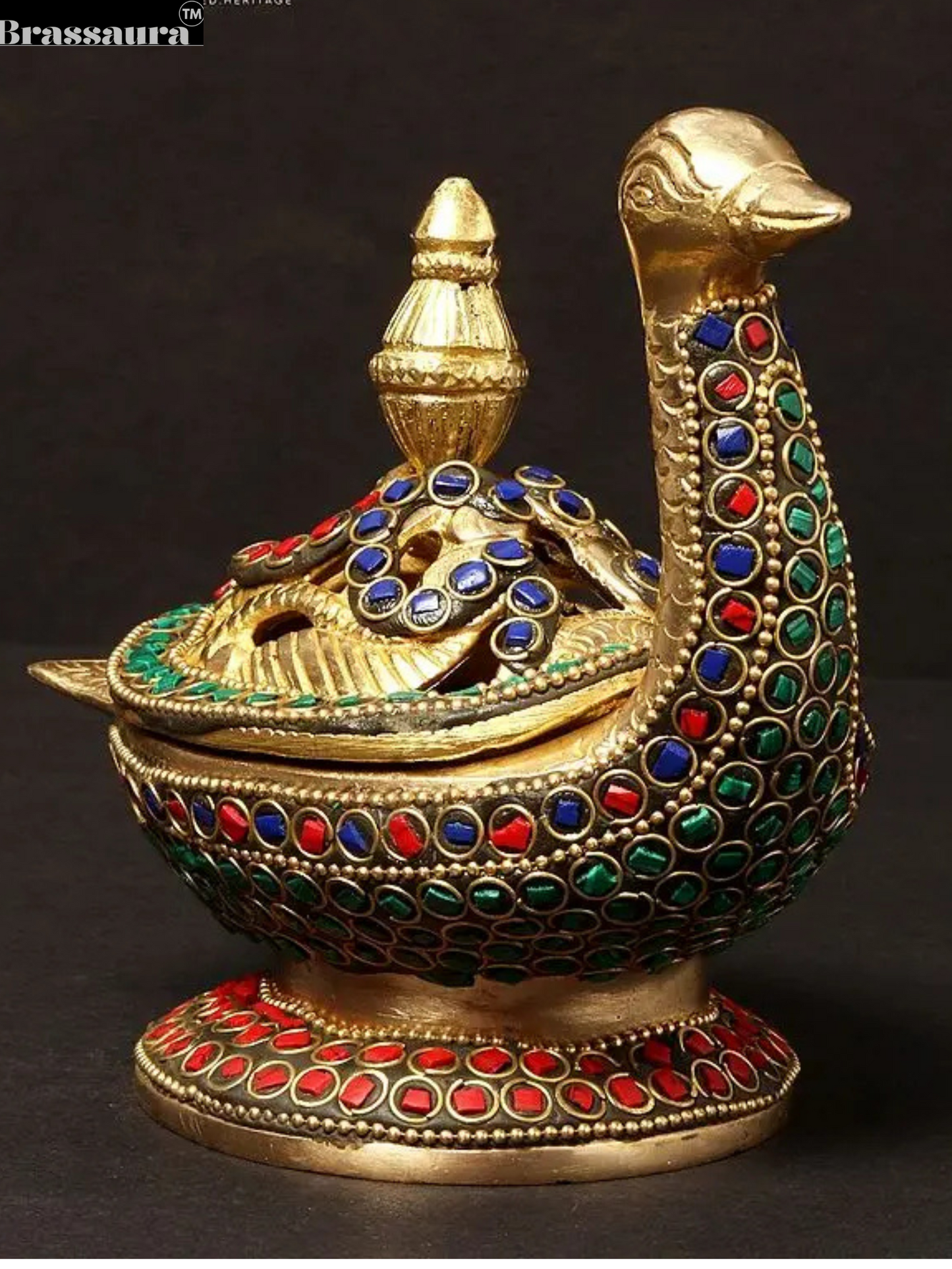 Brassaura™ Peacock Brass Incense Burner with Inlay Work – Height 4.92 inches | Weight 1.07 kgs