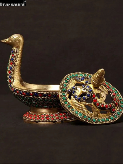 Brassaura™ Peacock Brass Incense Burner with Inlay Work – Height 4.92 inches | Weight 1.07 kgs