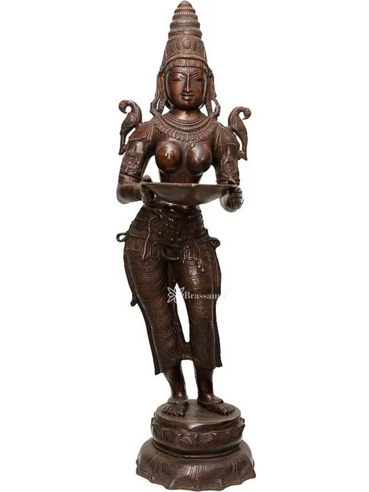 Brassaura™ Large Deeplakshmi Brass Sculpture with Parrot on Shoulders – Height 44.49 inches | Weight 29.20 kgs