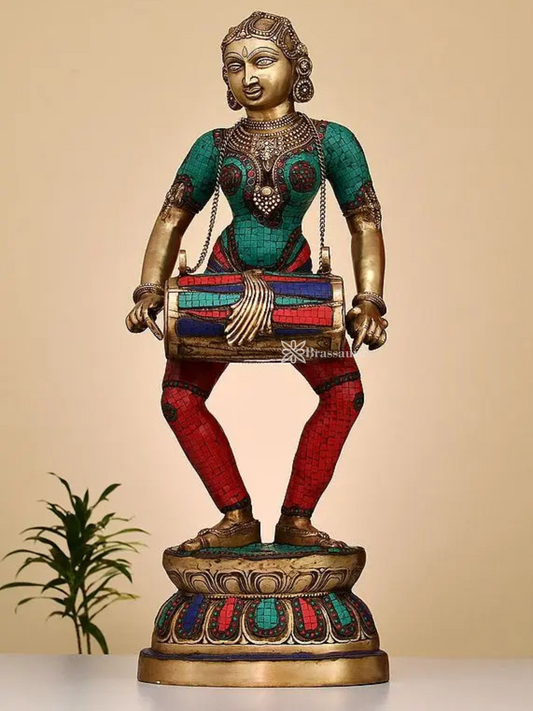 Brassaura™ Large Brass Lady with Dholak – Height 37.99 inches | Weight 34.46 kgs