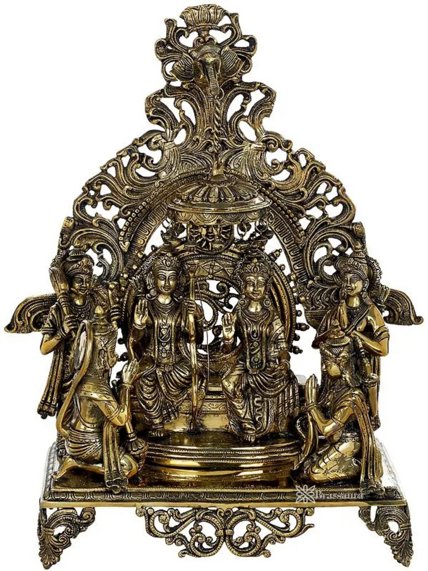 Brassaura™ Brass Ram Darbar Statue – Height [Confirm] | Weight 23.5 Kg | Exquisite Ensemble of Lord Ram, Sita, Lakshman & Hanuman