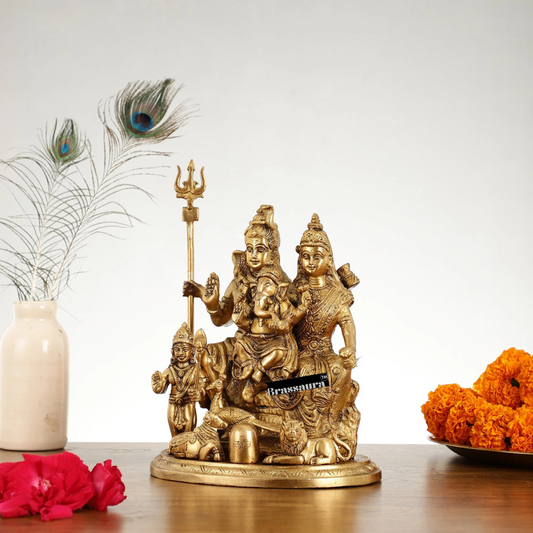 Brassaura® Lord Shiva Parivaar Brass Idol | Height 9.5 Inches | Golden Finish | Spiritual Home Decor
