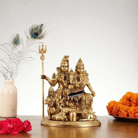 Brassaura® Lord Shiva Parivaar Brass Idol | Height 9.5 Inches | Golden Finish | Spiritual Home Decor