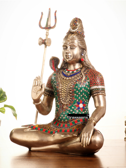 Brassaura™ Brass Gem Stone Work Shiva Idol – Height 20 Inches & Weight 12 Kgs | Spiritual Home Décor