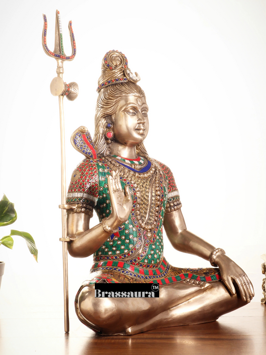 Brassaura™ Brass Gem Stone Work Shiva Idol – Height 20 Inches & Weight 12 Kgs | Spiritual Home Décor