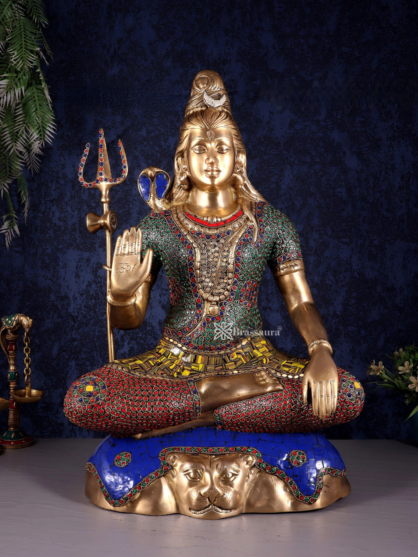 Brassaura™ Brass Gem Stone Work Shiva Idol – Height 23 Inches & Weight 18 Kgs | Spiritual Home Décor
