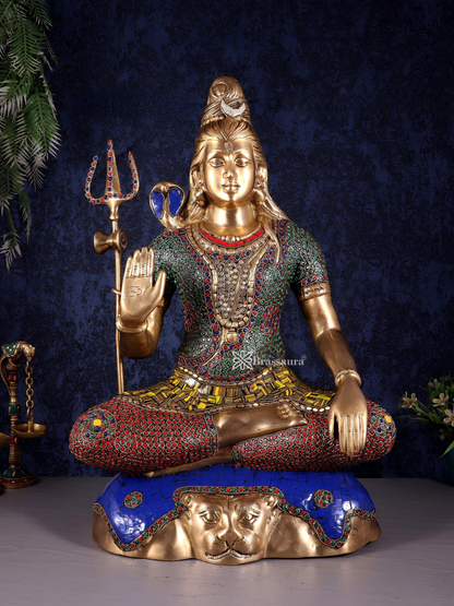Brassaura™ Brass Gem Stone Work Shiva Idol – Height 23 Inches & Weight 18 Kgs | Spiritual Home Décor