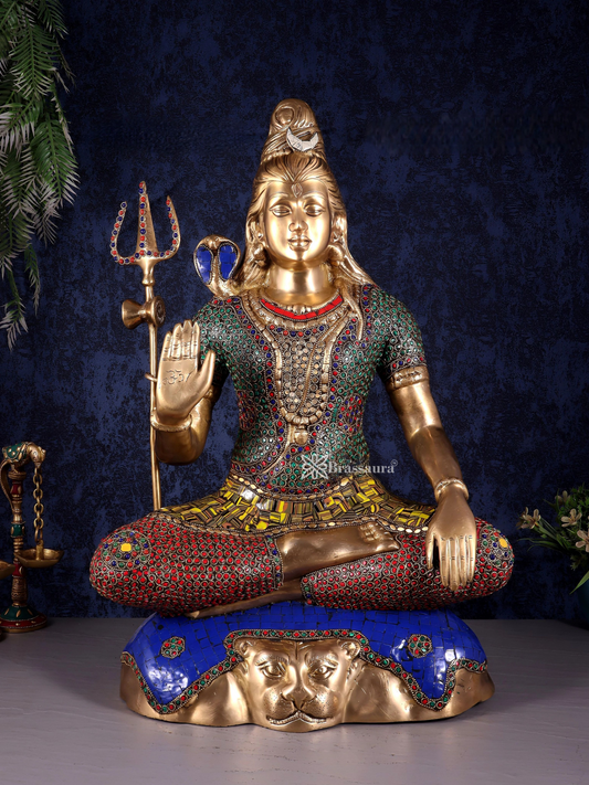 Brassaura™ Brass Gem Stone Work Shiva Idol – Height 23 Inches & Weight 18 Kgs | Spiritual Home Décor