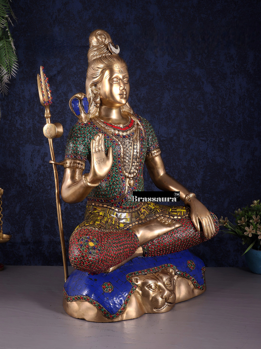 Brassaura™ Brass Gem Stone Work Shiva Idol – Height 23 Inches & Weight 18 Kgs | Spiritual Home Décor