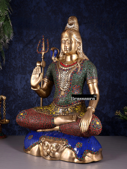 Brassaura™ Brass Gem Stone Work Shiva Idol – Height 23 Inches & Weight 18 Kgs | Spiritual Home Décor