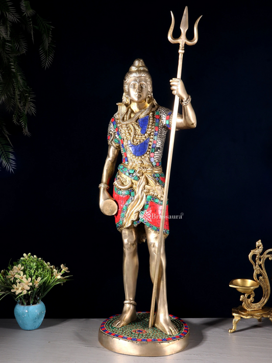 Brassaura™ Brass Gem Stone Work Standing Shiva Idol – Height 23 Inches & Weight 10.5 Kgs | Spiritual Home Décor