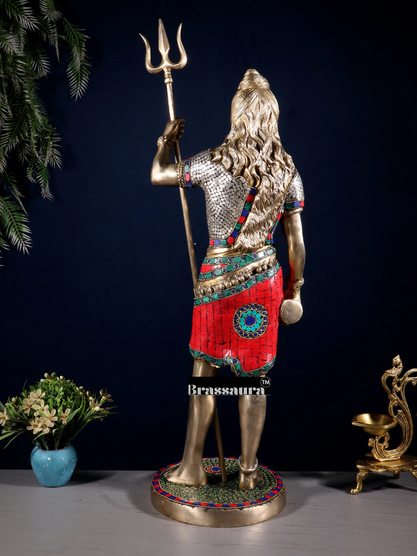 Brassaura™ Brass Gem Stone Work Standing Shiva Idol – Height 23 Inches & Weight 10.5 Kgs | Spiritual Home Décor
