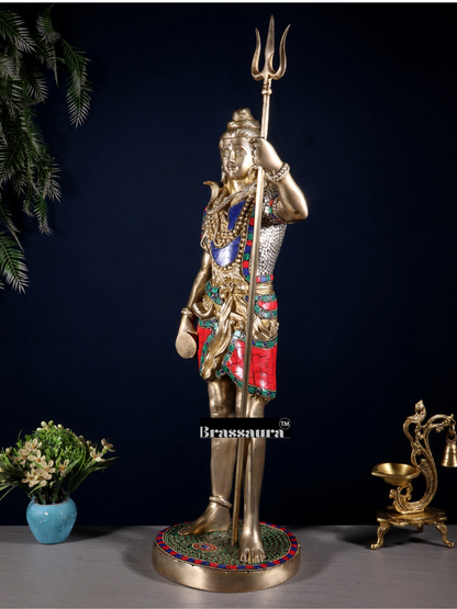 Brassaura™ Brass Gem Stone Work Standing Shiva Idol – Height 23 Inches & Weight 10.5 Kgs | Spiritual Home Décor