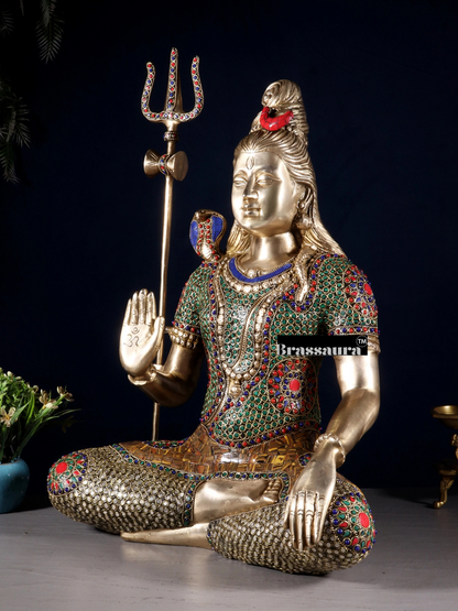 Brassaura™ Brass Gem Stone Work Shiva Idol – Height 20 Inches & Weight 12 Kgs | Temple & Home Accent