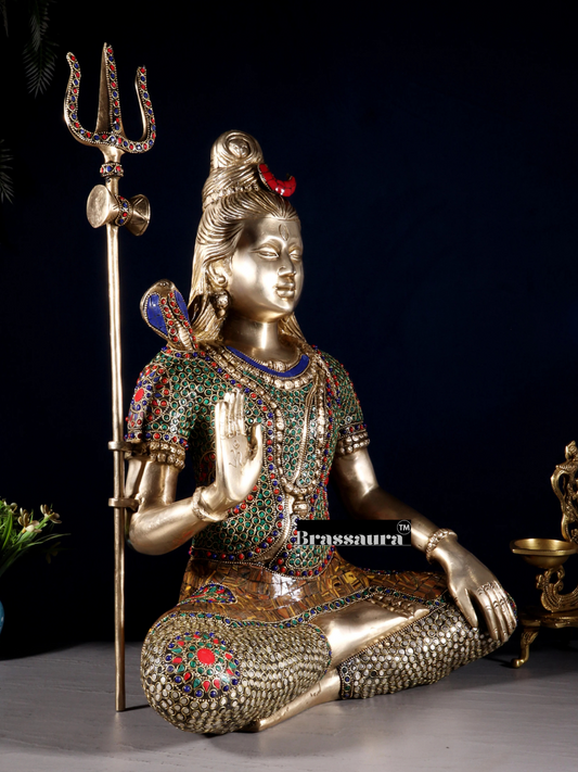 Brassaura™ Brass Gem Stone Work Shiva Idol – Height 20 Inches & Weight 12 Kgs | Temple & Home Accent