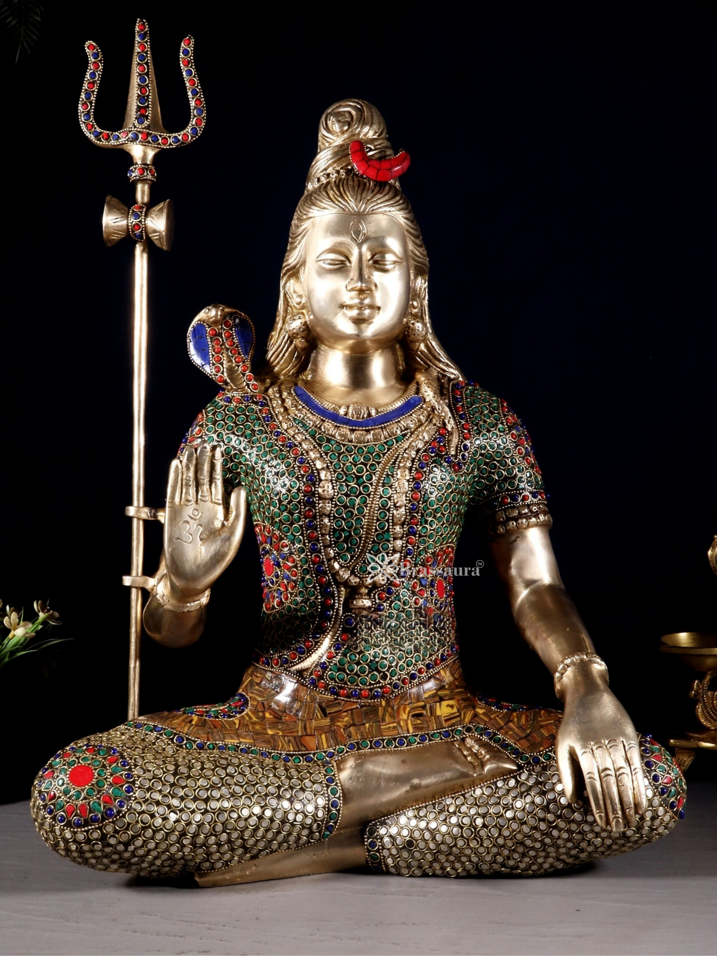 Brassaura™ Brass Gem Stone Work Shiva Idol – Height 20 Inches & Weight 12 Kgs | Temple & Home Accent