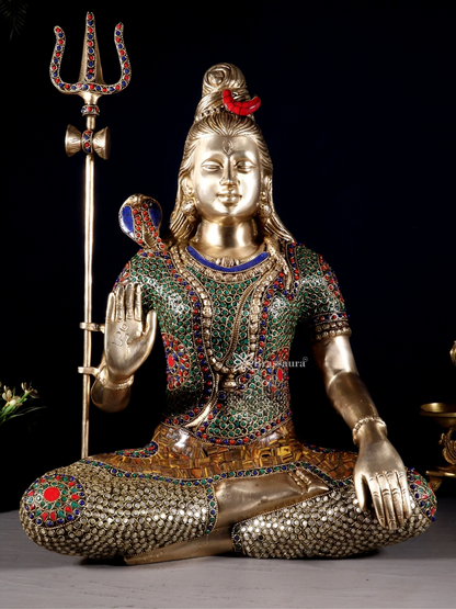 Brassaura™ Brass Gem Stone Work Shiva Idol – Height 20 Inches & Weight 12 Kgs | Temple & Home Accent