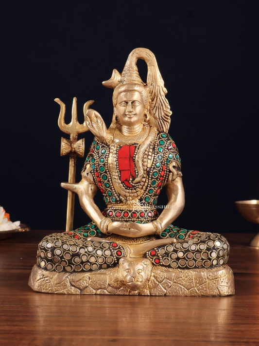 Brassaura™ Brass Gem Stone Work Shiva Idol – Height 8 Inches & Weight 3 Kgs | Sacred Hindu Idol