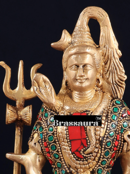 Brassaura™ Brass Gem Stone Work Shiva Idol – Height 8 Inches & Weight 3 Kgs | Sacred Hindu Idol