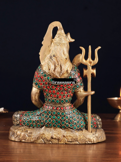 Brassaura™ Brass Gem Stone Work Shiva Idol – Height 8 Inches & Weight 3 Kgs | Sacred Hindu Idol