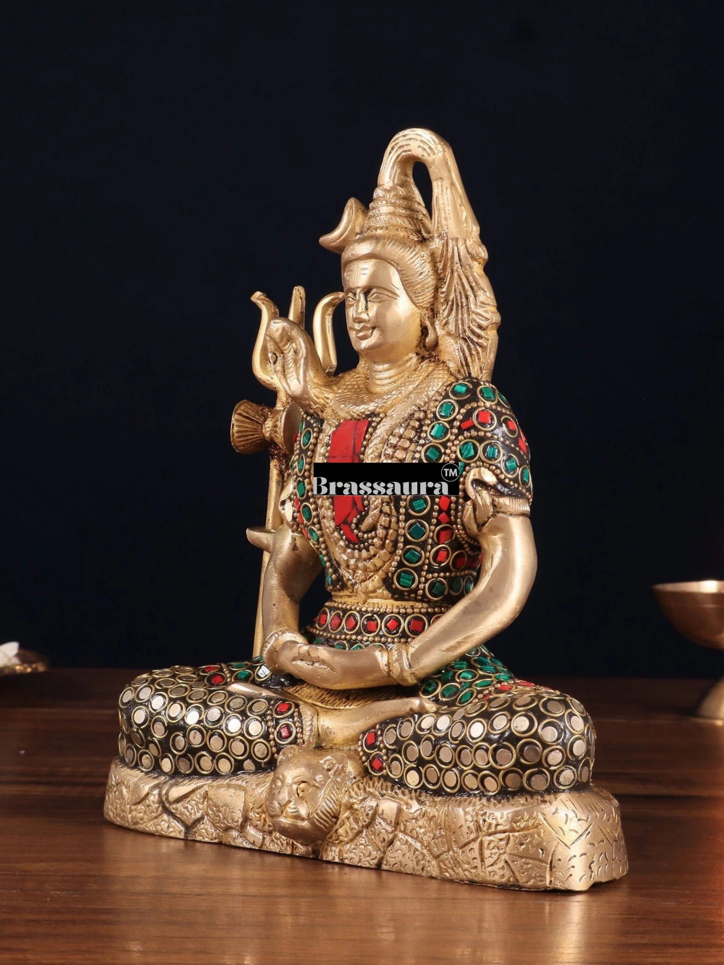 Brassaura™ Brass Gem Stone Work Shiva Idol – Height 8 Inches & Weight 3 Kgs | Sacred Hindu Idol