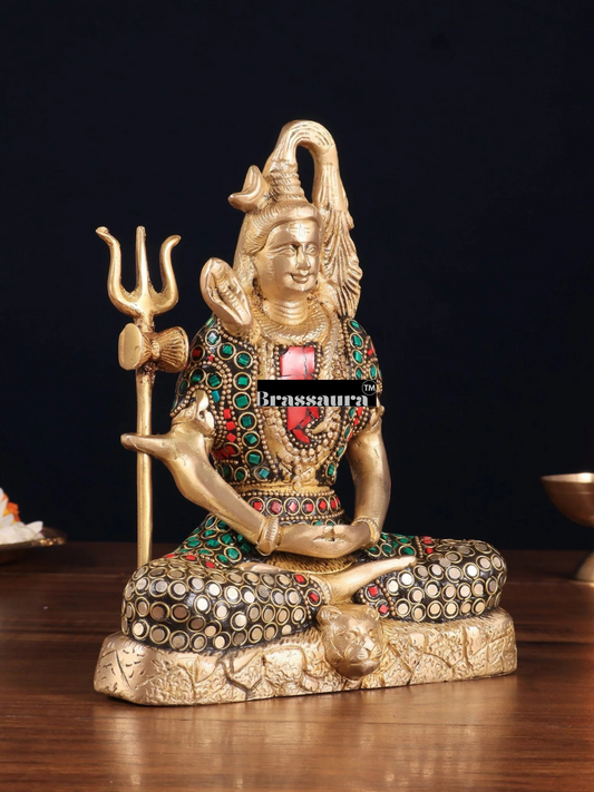 Brassaura™ Brass Gem Stone Work Shiva Idol – Height 8 Inches & Weight 3 Kgs | Sacred Hindu Idol