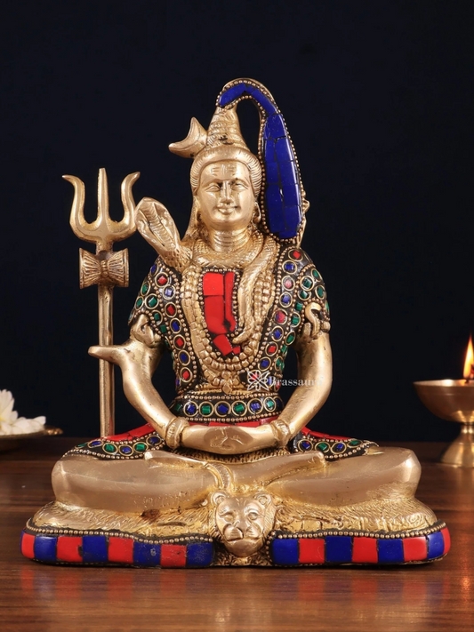 Brassaura™ Brass Gem Stone Work Shiva Idol – Height 8 Inches & Weight 3 Kgs | Sacred Hindu Idol