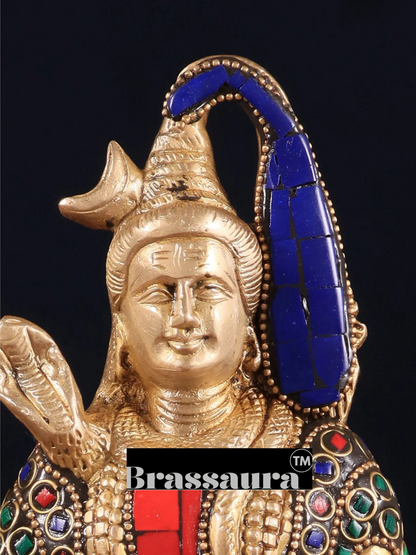 Brassaura™ Brass Gem Stone Work Shiva Idol – Height 8 Inches & Weight 3 Kgs | Sacred Hindu Idol