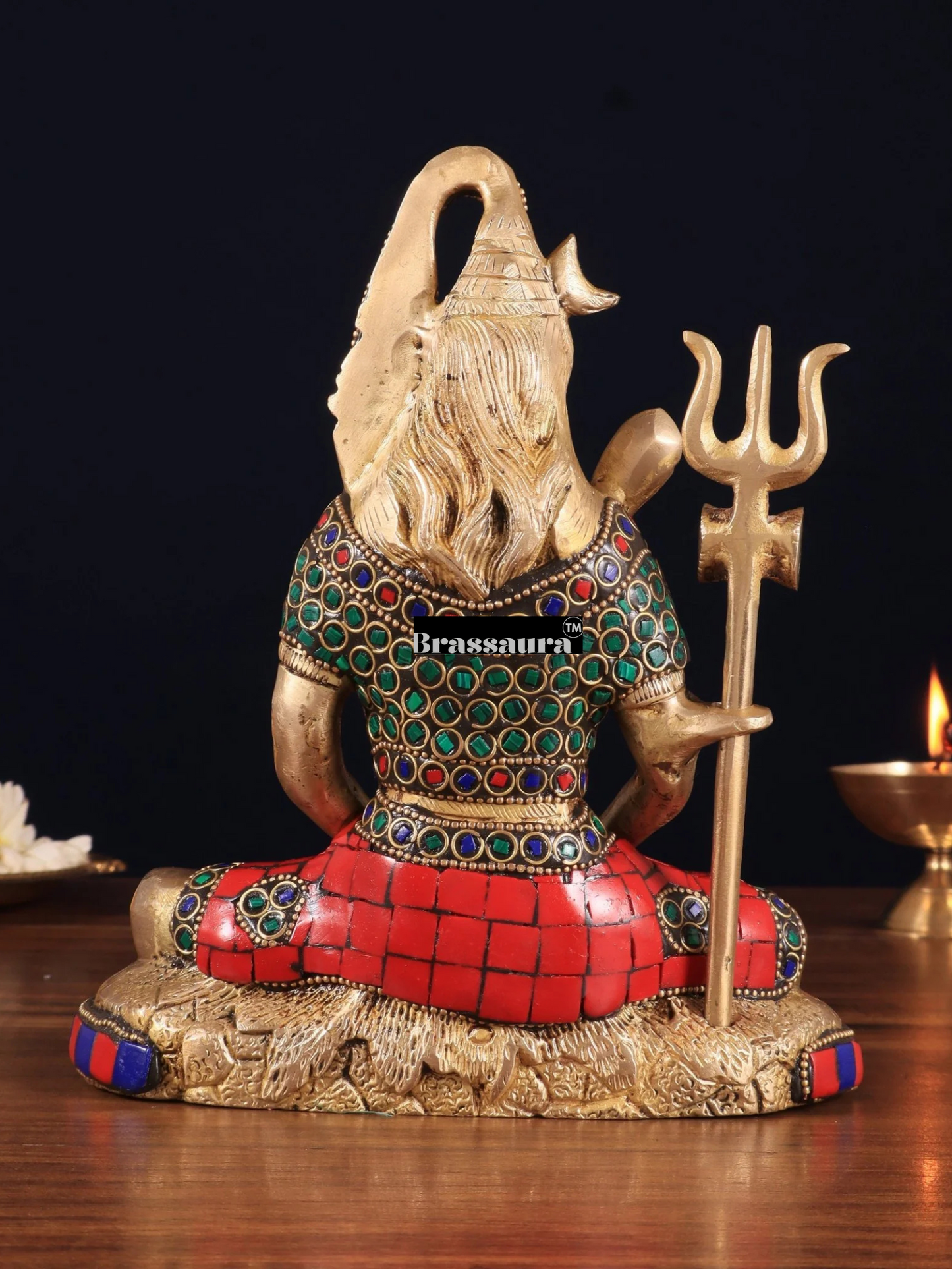 Brassaura™ Brass Gem Stone Work Shiva Idol – Height 8 Inches & Weight 3 Kgs | Sacred Hindu Idol