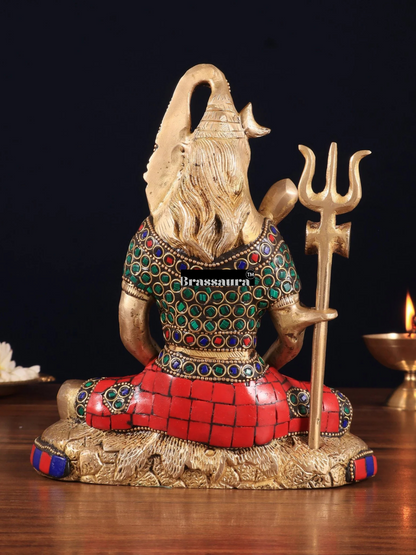 Brassaura™ Brass Gem Stone Work Shiva Idol – Height 8 Inches & Weight 3 Kgs | Sacred Hindu Idol