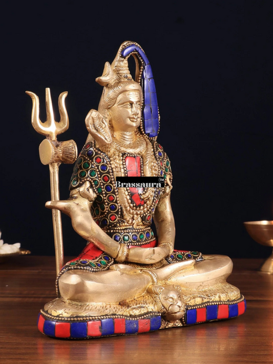 Brassaura™ Brass Gem Stone Work Shiva Idol – Height 8 Inches & Weight 3 Kgs | Sacred Hindu Idol