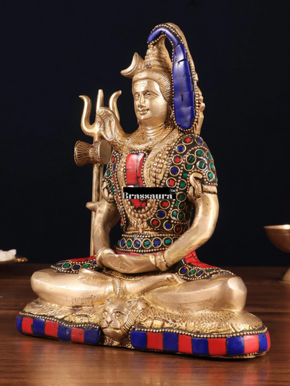 Brassaura™ Brass Gem Stone Work Shiva Idol – Height 8 Inches & Weight 3 Kgs | Sacred Hindu Idol