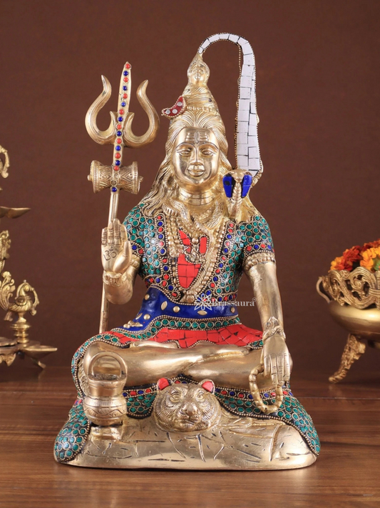 Brassaura™ Brass Gem Stone Work Shiva Idol – Height 14 Inches & Weight 7.4 Kgs | Cultural Home Décor