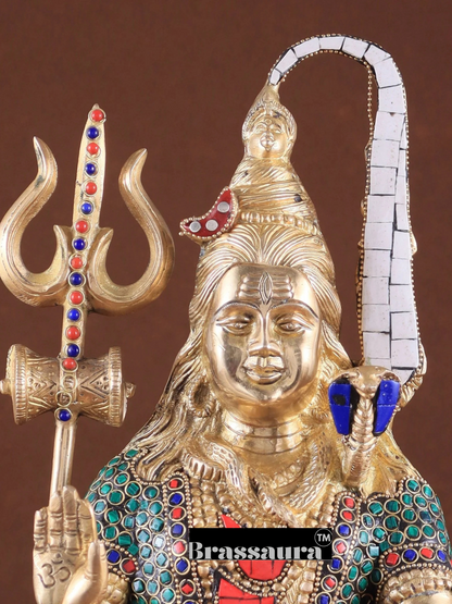 Brassaura™ Brass Gem Stone Work Shiva Idol – Height 14 Inches & Weight 7.4 Kgs | Cultural Home Décor