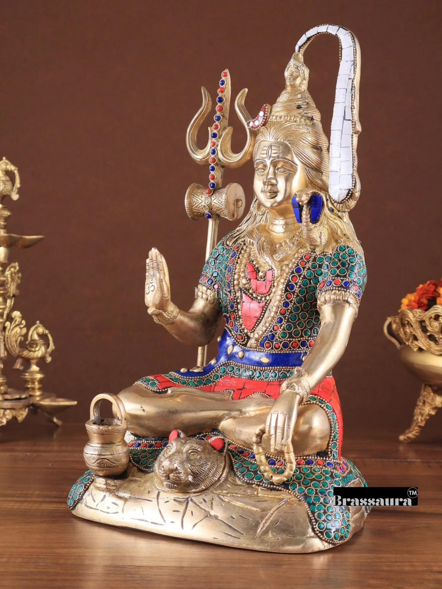 Brassaura™ Brass Gem Stone Work Shiva Idol – Height 14 Inches & Weight 7.4 Kgs | Cultural Home Décor