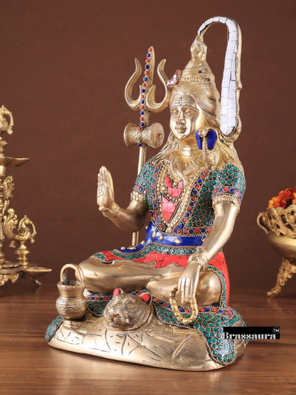 Brassaura™ Brass Gem Stone Work Shiva Idol – Height 14 Inches & Weight 7.4 Kgs | Cultural Home Décor
