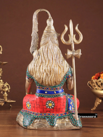 Brassaura™ Brass Gem Stone Work Shiva Idol – Height 14 Inches & Weight 7.4 Kgs | Cultural Home Décor