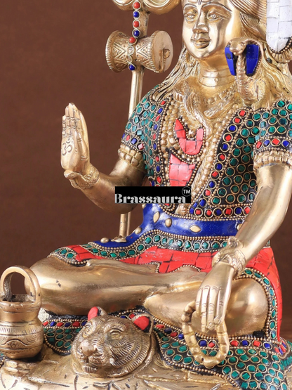 Brassaura™ Brass Gem Stone Work Shiva Idol – Height 14 Inches & Weight 7.4 Kgs | Cultural Home Décor