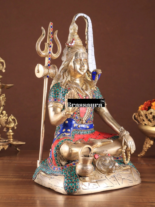 Brassaura™ Brass Gem Stone Work Shiva Idol – Height 14 Inches & Weight 7.4 Kgs | Cultural Home Décor