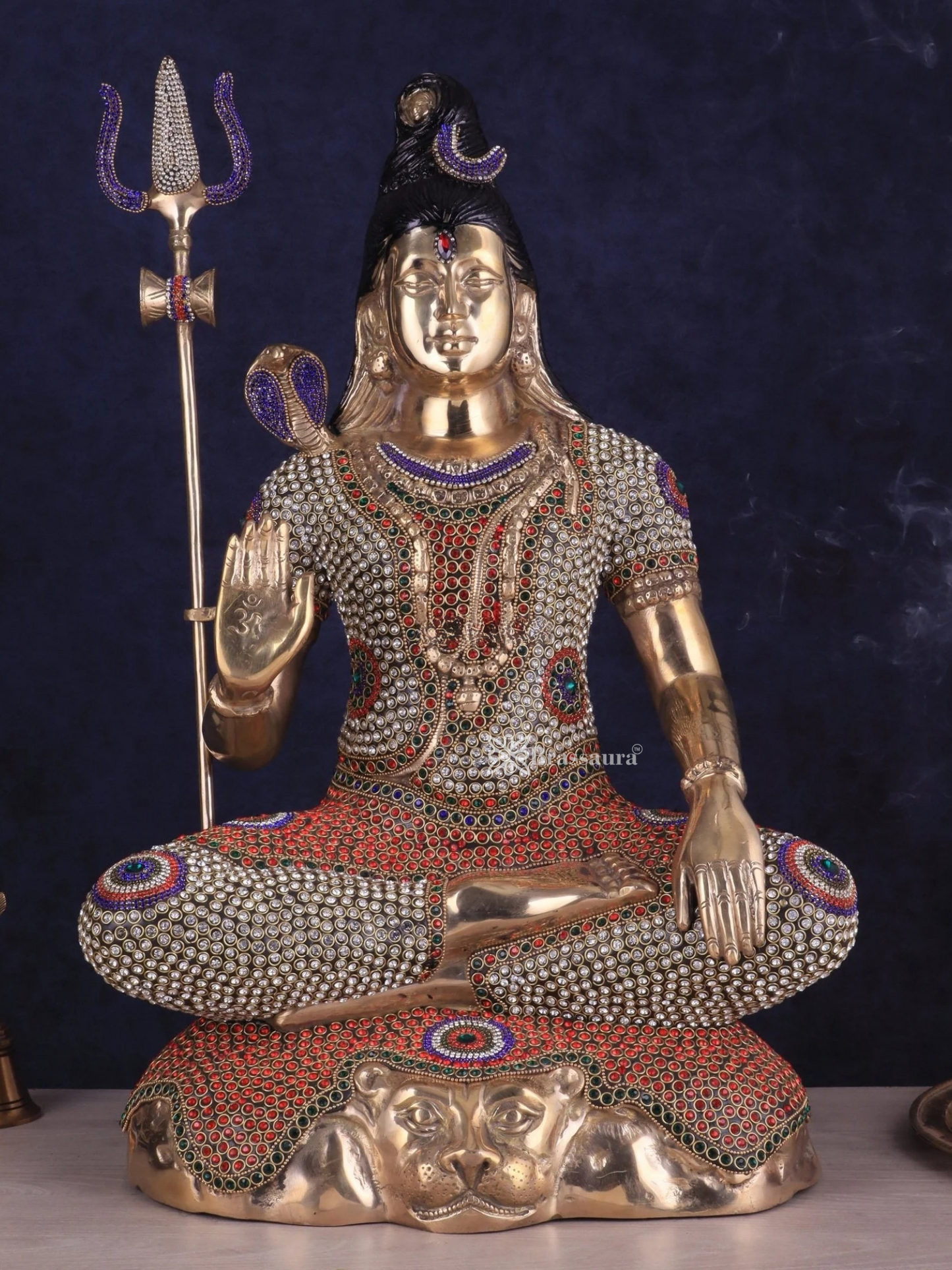 Brassaura™ Brass Gem Stone Work Shiva Idol – Height 23 Inches & Weight 18 Kgs | Traditional Pooja Décor