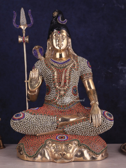 Brassaura™ Brass Gem Stone Work Shiva Idol – Height 23 Inches & Weight 18 Kgs | Traditional Pooja Décor