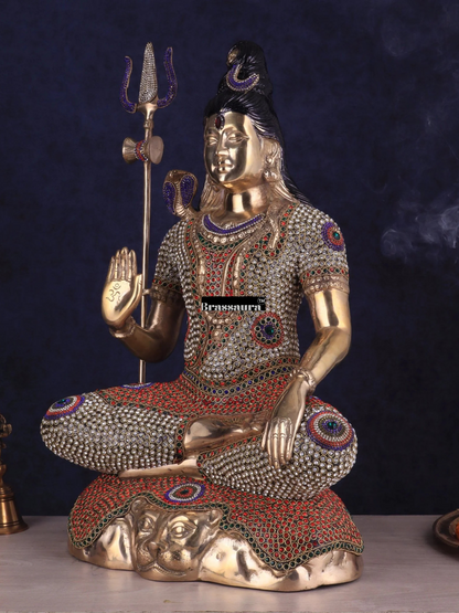Brassaura™ Brass Gem Stone Work Shiva Idol – Height 23 Inches & Weight 18 Kgs | Traditional Pooja Décor