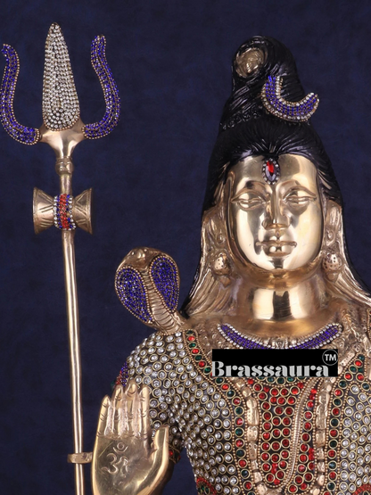 Brassaura™ Brass Gem Stone Work Shiva Idol – Height 23 Inches & Weight 18 Kgs | Traditional Pooja Décor
