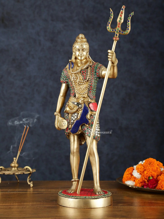 Brassaura™ Brass Gem Stone Work Standing Shiva Idol – Height 18 Inches & Weight 6 Kgs | Spiritual Temple Statue